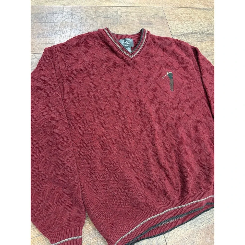 Vintage 90s Haggar Tour Heavy Knit Golf Sweater Embroidered Large Red Made In US
